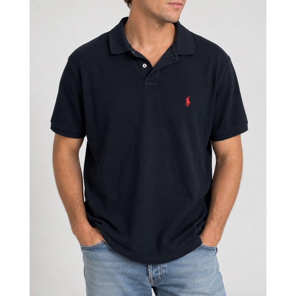 Polo Ralph Lauren Shirt Mens L Black Polo Custom Fit Red Pony Logo Cotton Mesh